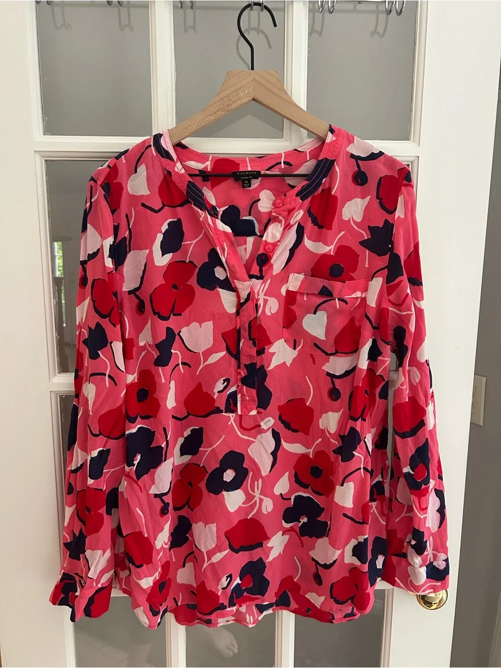 Talbots Pink Floral Popover Blouse with Navy Accents